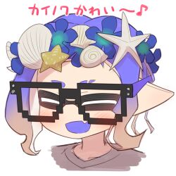  1girl blue_hair blush closed_eyes cropped_torso eyebrow_cut fang female_focus glasses happy head_wreath inkling inkling_girl inkling_player_character medium_hair nintendo open_mouth organ_rn pointy_ears portrait seashell shell simple_background skin_fang smile solo splatoon_(series) splatoon_3 tentacle_hair translation_request white_background 