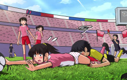  1girl accident ass ball blush clothes_pull face_in_ass flag g_yukishiro grass heart hetero loli lying multiple_boys multiple_girls on_stomach panties print_panties sexually_suggestive shorts shorts_pull shota soccer soccer_ball stadium underwear uniform  rating:Questionable score:123 user:slanted_pussy