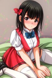  1girl bed black_footwear black_hair blue_bow blue_bowtie blush bow bowtie breasts brown_eyes dress hair_bow highres long_hair looking_at_viewer mary_janes matsunaga_kouyou medium_breasts on_bed red_bow red_dress school_uniform shirt shoes short_sleeves sitting sleeveless sleeveless_dress smile thighhighs white_shirt white_thighhighs 