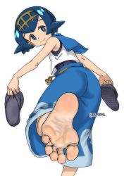 1girl ass barefoot blue_eyes blue_hair creatures_(company) feet foot_focus from_behind game_freak lana_(pokemon) looking_at_viewer looking_back medium_hair nintendo pokemon pokemon_sm sandals simple_background smile soles solo toes tsukimaru_(ls_99ml) white_background rating:Sensitive score:97 user:FabricioDias