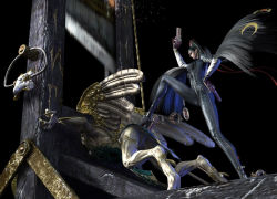 3d angel angel_wings bayonetta bayonetta bayonetta_(series) black_hair glasses guillotine gun official_art restrained weapon wings rating:Questionable score:8 user:jojosstand