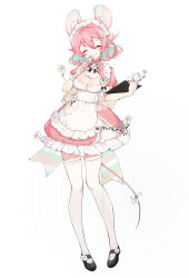  1girl ^_^ animal_ear_fluff animal_ears apron aqua_hair aqua_tail arin_(fanfan013) ascot back_bow badge black_footwear black_ribbon bow braid breasts cleavage cleavage_cutout clipboard closed_eyes clothing_cutout collared_dress colored_inner_hair commentary daisy dress eyelashes eyeshadow flower flower_brooch flower_in_pocket footwear_flower frilled_apron frilled_dress frilled_hairband frilled_wrist_cuffs frills full_body gradient_tail grin hair_between_eyes hair_flower hair_ornament hairband happy highres holding holding_clipboard holding_pen large_breasts maid maid_headdress makeup mary_janes mouse_(animal) mouse_ears mouse_tail multicolored_bow multicolored_hair neck_ribbon original pen pen_to_mouth pink_dress pink_hair pink_sleeves pink_tail puffy_short_sleeves puffy_sleeves ribbon shoes short_dress short_hair short_sleeves simple_background single_bare_arm single_braid single_wrist_cuff smile solo striped_bow symbol-only_commentary tail tail_bow tail_ornament thighhighs white_apron white_ascot white_background white_bow white_flower white_hairband white_thighhighs white_wrist_cuffs wrist_cuffs 
