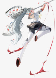  1girl absurdres axe black_skirt blue_hair headphones high_ponytail highres holding holding_axe joints jumping labrys_(persona) long_hair looking_down mechanical_arms mechanical_legs pale_skin panties pantyshot papon persona persona_4 persona_4:_the_ultimate_in_mayonaka_arena pleated_skirt pursed_lips red_eyes robot_joints school_uniform simple_background skirt solo underwear very_long_hair white_background 