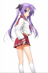  00s 1girl animated blue_eyes bow clothes_lift hair_bow hair_ribbon hiiragi_kagami ishikei kneepits long_legs looking_back lucky_star midriff pleated_skirt purple_hair ribbon school_uniform serafuku simple_background skirt skirt_lift sleeves_past_wrists smile socks solo tagme thighs tsurime twintails video white_background  rating:Sensitive score:83 user:doctorblack