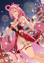  1girl absurdres aerial_fireworks braid branch breasts building cleavage commentary dress dutch_angle elysia_(herrscher_of_human:ego)_(honkai_impact) elysia_(honkai_impact) elysia_(peachy_spring)_(honkai_impact) fireworks flower hair_between_eyes hair_over_shoulder hair_rings hands_up highres honkai_(series) honkai_impact_3rd long_hair long_sleeves medium_breasts mush_(mushlicious) night night_sky outdoors parted_lips petals pink_flower pink_hair pointy_ears puffy_long_sleeves puffy_sleeves purple_eyes single_braid sky smile solo standing very_long_hair 