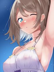 1girl arm_up armpits blue_eyes blush borgbutler breasts covered_erect_nipples dress flower_ornament grey_hair highres looking_at_viewer love_live! love_live!_sunshine!! medium_breasts medium_hair nipples one_eye_closed open_mouth see-through short_hair solo upper_body watanabe_you white_dress rating:Questionable score:51 user:danbooru