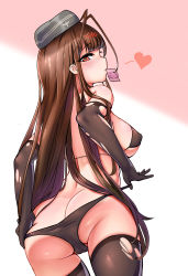  1girl absurdres ass bikini bikini_pull black_bikini black_thighhighs blunt_bangs breasts brown_hair cleft_of_venus clothes_pull condom condom_in_mouth covered_erect_nipples cowboy_shot curvy dsr-50_(girls&#039;_frontline) from_behind garrison_cap girls&#039;_frontline gloves gradient_background green_pupils hair_ornament hairclip hand_on_own_ass hat heart highres large_breasts long_hair looking_at_viewer looking_back mouth_hold note2000 one-piece_swimsuit_pull pink_background red_eyes sideboob sidelocks solo swimsuit thighhighs torn_clothes torn_elbow_gloves torn_gloves torn_thighhighs very_long_hair wedgie white_background wide_hips  rating:Questionable score:21 user:FaptainHUN