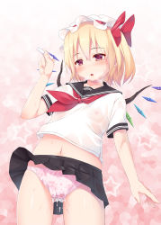 1girl aftersex alternate_costume blonde_hair blush bow cameltoe chalk clothes_lift covered_erect_nipples cum cum_in_clothes cum_in_panties cum_in_pussy flandre_scarlet flat_chest gradient_background hat hat_bow ichio midriff mob_cap navel neckerchief nipples no_bra open_mouth panties pink_panties pleated_skirt red_eyes school_uniform see-through serafuku shirt skirt skirt_lift solo sweat touhou underwear wet wet_clothes wet_shirt wind wind_lift wings rating:Explicit score:105 user:danbooru