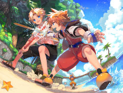 3boys :d ball beach black_shorts blitzball blonde_hair blue_sky brown_hair chain chain_necklace cloud cloudy_sky crown_necklace day fighting final_fantasy final_fantasy_x fingerless_gloves full-length_zipper gloves holding holding_ball holding_sword holding_weapon island jacket jewelry kingdom_hearts looking_at_another male_focus multiple_boys necklace ocean open_clothes open_jacket open_mouth orange_hair orange_pants osippo outdoors pants sand sandals shirt short_hair short_sleeves shorts sky sleeveless sleeveless_shirt smile sora_(kingdom_hearts) spiked_hair starfish sword tidus tree wakka water waterfall weapon white_gloves white_jacket wide_sleeves wooden_sword yellow_footwear yellow_shirt zipper zipper_pull_tab