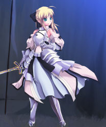 1girl ahoge armor armored_dress artoria_pendragon_(fate) bad_id bad_pixiv_id blonde_hair caliburn_(fate) capcom dress excalibur_(fate/stay_night) fate/stay_night fate/unlimited_codes fate_(series) green_eyes hair_ribbon highres ichirou ponytail ribbon saber_(fate) saber_lily short_hair solo sword type-moon weapon