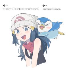 &gt;_&lt; 1girl beanie blue_eyes blue_hair blush closed_eyes creatures_(company) cropped_torso dawn_(pokemon) game_freak gen_4_pokemon hat korean_text long_hair looking_at_viewer nintendo open_mouth p_oxo7 piplup pokemon pokemon_(creature) pokemon_dppt red_scarf scarf simple_background sleeveless upper_body white_background white_hat