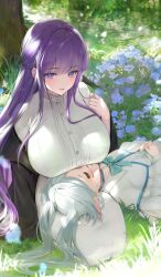  2girls :3 =_= absurdres aroused_nosebleed black_coat blue_choker breast_rest breasts breasts_on_head bug butterfly buttons choker closed_eyes closed_mouth coat commentary_request day dress earrings elf fern_(sousou_no_frieren) flower frieren grass grey_hair hand_up highres insect jewelry lap_pillow large_breasts light_blush long_hair looking_at_viewer meisansan multiple_girls off_shoulder open_clothes open_coat outdoors own_hands_together parted_lips pointy_ears purple_eyes purple_flower purple_hair river seiza sitting smile sousou_no_frieren sweatdrop tree twintails very_long_hair water white_dress  rating:Sensitive score:14 user:danbooru