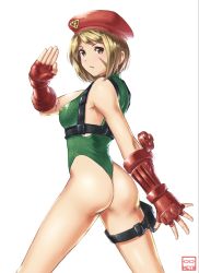  10s 1girl ass bad_id bad_pixiv_id beret blonde_hair breasts cammy_white cammy_white_(cosplay) cosplay covered_erect_nipples djeeta_(granblue_fantasy) fighting_stance fingerless_gloves from_side garrison_cap gloves granblue_fantasy hat highleg highleg_leotard highres leotard looking_at_viewer medium_breasts michitarou ribbed_leotard serious short_hair simple_background solo street_fighter thighs thong_leotard white_background  rating:Sensitive score:13 user:danbooru