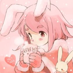  1girl animal_ears blush rabbit rabbit_ears capelet cup drinking gloves heart holding original pink_hair shirotaka_(shirotaka) short_hair solo 