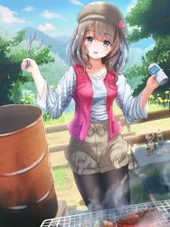 1girl :d alcohol barrel beer beer_can beret black_pantyhose blue_sky blush bottle breasts brown_hair brown_headwear brown_shorts camping can cloud coffee_mug commentary_request cooking cup drink drink_can drinking_glass drum_(container) dutch_angle feet_out_of_frame fence flower foliage food gloves grey_shirt grill hair_between_eyes hat heart highres holding holding_can holding_drink holding_tongs lantern long_sleeves looking_at_viewer medium_breasts medium_hair mountain mountainous_horizon mug open_clothes open_mouth open_vest original outdoors paid_reward_available pantyhose pantyhose_under_shorts pink_vest shirt shorts sky smile smoke standing steak striped_clothes striped_shirt table tachiinu tongs translation_request two-tone_shirt vest w_arms water_bottle wavy_hair white_gloves white_shirt wine_glass wooden_fence yellow_flower rating:General score:14 user:danbooru