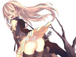 1girl arisa_(shadowverse) arrow_(projectile) ass blackxxx blonde_hair boots branch clothes_lift elbow_gloves elf gloves green_eyes highres long_hair open_mouth panties pointy_ears quiver shadowverse skirt skirt_caught_on_object skirt_lift sleeveless solo thigh_boots thighhighs thong underwear rating:Questionable score:11 user:danbooru