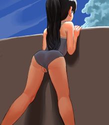  1girl ass black_hair cleft_of_venus clothing_aside day exhibitionism female_focus from_behind highres loli one-piece_swimsuit original outdoors ponytail public_indecency pussy shadow solo swimsuit swimsuit_aside uncensored vodkuh  rating:Explicit score:234 user:Dweenie