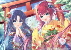  2girls :d bell black_hair blue_eyes blue_sky blush bow breathing_on_hands character_request cloud cloudy_sky commentary_request day fang floral_print flower green_bow hair_bell hair_flower hair_ornament hair_ribbon hands_up horns japanese_clothes jingle_bell kamiyama_shiki kimono long_hair long_sleeves multiple_girls obi official_art open_mouth outdoors parted_bangs pinching_sleeves ponytail print_kimono purple_kimono red_flower red_hair red_ribbon ribbon sash sky sleeves_past_wrists smile striped striped_bow summer_pockets takano_yuki_(allegro_mistic) torii very_long_hair white_flower wide_sleeves yellow_kimono 