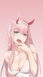  1girl aqua_eyes bare_shoulders breasts cleavage collarbone darling_in_the_franxx fang highres horns long_hair looking_at_viewer open_mouth pink_hair saliva saliva_trail solo tongue zero_two_(darling_in_the_franxx)  rating:Sensitive score:123 user:TiTaNz