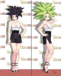  1girl absurdres arm_up blue_eyes breasts caulifla cleavage dragon_ball dragon_ball_super earrings female_focus full_body fusion green_hair hand_on_own_hip high_heels highres jewelry kale_(dragon_ball) kefla_(dragon_ball) large_breasts long_hair looking_at_viewer muscular muscular_female potara_earrings solo somegfguy spiked_hair super_saiyan toes 