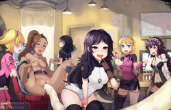 5girls ahegao artist_name bare_shoulders barefoot black_panties blonde_hair blush breasts cleavage clitoris clothed_female_nude_female collar collarbone copyright_request covered_erect_nipples cum cum_in_pussy dark-skinned_female dark_skin feet gloves hairband holding indoors leash long_hair masturbation multiple_girls nipples nude onigensou open_mouth panties pink_skirt ponytail pussy pussy_juice saliva shiny_skin skirt small_breasts standing tentacle_sex tentacles tongue uncensored underwear watermark rating:Explicit score:94 user:Domestic_Importer