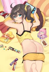  1girl ahoge anus anus_peek aqua_eyes ass blush brown_hair character_doll cleft_of_venus clothes_pull crop_top crown food food_in_mouth from_behind hair_between_eyes highres himemori_luna hololive looking_at_viewer looking_back lying medium_hair minamura_haruki mini_crown natsuiro_matsuri natsuiro_matsuri_(matsuri&#039;s_day_off) nintendo_switch nude_filter on_stomach pocky pocky_in_mouth pussy scrunchie short_shorts shorts shorts_pull side_ponytail solo third-party_edit virtual_youtuber  rating:Explicit score:51 user:Decensity