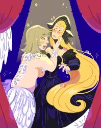 2girls angehalos black_dress blonde_hair blush breasts chimera collarbone detached_sleeves dress dungeon_meshi falin_touden falin_touden falin_touden_(chimera) feathered_wings feathers hand_on_another&#039;s_chin highres long_hair looking_to_the_side marcille_donato marcille_donato_(lord) medium_hair monster_girl multiple_girls open_mouth sideboob signature spotlight teeth wings yellow_eyes