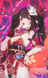  1girl absurdres bare_shoulders bell black_choker black_hair breasts choker cleavage commentary_request detached_sleeves dress frilled_sleeves frills fufumi gun hand_up handgun highres holding holding_gun holding_weapon honkai:_star_rail honkai_(series) jingle_bell long_hair looking_at_viewer mask mask_on_head medium_breasts nail_polish neck_bell obi open_mouth pelvic_curtain purple_eyes red_dress red_nails red_sleeves sash short_sleeves solo sparkle_(honkai:_star_rail) standing tongue tongue_out twintails very_long_hair weapon 