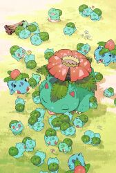  6+others blue_skin bulbasaur colored_skin creatures_(company) ditto evolutionary_line fangs flower from_above game_freak gen_1_pokemon grass highres ivysaur multiple_others newo_(shinra-p) nintendo no_humans open_mouth pokemon pokemon_(creature) red_eyes sleeping tongue tongue_out transformed_ditto venusaur 