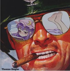  1boy 1girl blush book cigar glasses helmet patchouli_knowledge soldier touhou  rating:Sensitive score:12 user:Boijuu