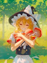  1girl ^_^ absurdres apron back_bow black_hat black_vest blonde_hair blush bow braid buttons chinese_commentary closed_eyes commentary commentary_request day english_commentary eyelashes facing_viewer fly_agaric green_theme grin hat hat_bow hat_ribbon highres holding holding_mushroom kirisame_marisa long_hair mixed-language_commentary mushroom outdoors puffy_short_sleeves puffy_sleeves ribbon sash sheya_tin shirt short_sleeves single_braid smile solo standing teeth touhou tree upper_body vest waist_apron white_apron white_bow white_ribbon white_sash white_shirt witch_hat 