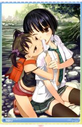  2girls absurdres age_difference backpack bag black_hair brown_eyes brown_hair copyright_request food highres licking loli multiple_girls necktie onee-loli open_clothes open_shirt outdoors popsicle randoseru saliva school_uniform sexually_suggestive shirt short_hair short_shorts shorts siblings sisters source_request stream tank_top thighhighs twintails uni_(plastic_girl) yuri  rating:Questionable score:90 user:danbooru