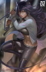  1girl absurdres animal_ears black_hair black_pants blake_belladonna blurry blurry_background boots cat_ears closed_mouth coat combination_weapon crop_top floating_hair gambol_shroud highres holding holding_sword holding_weapon long_hair midriff navel nopeys open_clothes open_coat pants pistol_sword rwby solo sword thigh_boots thighhighs very_long_hair watermark weapon web_address yellow_eyes 