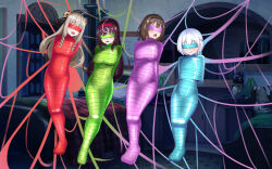  4girls absurdres angry bdsm blindfold blush bondage bound braid breasts brown_hair cocoon curly_hair dark_brown_hair death_end_re;quest death_end_re;quest_2 embarrassed flat_chest hair_ornament hairband happy highres light_brown_hair liliana_pinnata long_hair multiple_girls mummification nanase_rin_(8021582) rotten_dollhart scared shina_ninomiya short_hair silk small_breasts spider_web toyama_mai white_hair  rating:Questionable score:5 user:Dick_Cummins