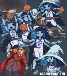  1boy 2girls :d ankle_socks ball basketball basketball_(object) basketball_hoop basketball_uniform blue_hair blue_skin colored_skin d: dress elden_ring extra_arms extra_faces frown goldmask_(elden_ring) hat helmet highres impact_(font) long_dress long_hair malenia_blade_of_miquella miyan_(oceanmaiden) multiple_girls multiple_views one_eye_closed open_mouth ranni_the_witch shoes shorts simple_background smile sneakers socks sportswear white_socks witch_hat 