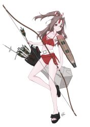  1girl arrow_(projectile) bikini bow_(weapon) breasts brown_eyes flight_deck hachimaki headband high_ponytail highres holding holding_bow_(weapon) holding_weapon kantai_collection light_brown_hair long_hair neve_(morris-minicooper) ponytail quiver red_bikini rigging sandals simple_background small_breasts smile solo striped_headband swimsuit weapon white_background yumi_(bow) zuihou_(kancolle) 