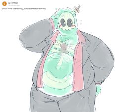 1boy alternate_costume bara big_belly colored_skin cowboy_shot doug_(monster_prom) fat fat_man flying_sweatdrops formal green_skin highres looking_to_the_side male_focus monster_boy monster_prom nifast_(greentail) object_through_head open_clothes open_shirt pale_color see-through short_shorts shorts slime_boy solo suit sword_in_head tareme 