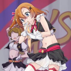  2girls azukilib belt black_vest blue_eyes blurry blurry_background cheek_bulge covering_own_mouth cowboy_shot crop_top cropped_vest earrings faceless faceless_female frilled_shirt frills gloves hair_between_eyes hair_ornament hair_ribbon hands_up heart heart_earrings jewelry koizumi_hanayo kosaka_honoka layered_skirt leaning_forward looking_down love_live! love_live!_school_idol_project midriff miniskirt multiple_girls navel neck_ribbon nervous no_brand_girls one_side_up open_clothes open_mouth open_vest orange_hair red_ribbon ribbon shirt short_hair short_sleeves sidelocks skirt solo_focus standing stomach sweat tears thighhighs two-tone_skirt vest vomit vomiting white_gloves white_shirt white_thighhighs wide-eyed x_hair_ornament 