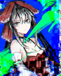  1girl black_hair blue_background bow breasts brown_eyes cellphone choker chromatic_aberration closed_mouth commentary_request cookie_(touhou) detached_sleeves dress dutch_angle expressionless glitch hair_between_eyes hair_bow hakurei_reimu highres long_hair looking_at_viewer m_onme medium_breasts phone red_bow red_dress sidelocks solo touhou upper_body white_sleeves yuyusu_(cookie)  rating:Sensitive score:4 user:danbooru