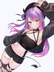  1girl absurdres alternate_costume belt black_belt black_camisole black_choker black_hat black_jacket black_ribbon black_shorts black_thighhighs blush braid breasts camisole choker colored_inner_hair commentary criss-cross_halter crop_top cropped_jacket demon_girl demon_tail earrings fake_horns gradient_hair green_eyes hair_bun hair_ribbon halterneck hand_up hat heart_o-ring highres hololive horned_headwear horns jacket jewelry leg_tattoo long_hair long_sleeves looking_at_viewer midriff multi-strapped_camisole multicolored_hair navel navel_piercing o-ring o-ring_thigh_strap off_shoulder official_alternate_hairstyle one_side_up piercing pink_hair pink_nails pointy_ears purple_hair ribbon runlan_0329 short_shorts shorts side_up_bun simple_background single_hair_bun single_thighhigh small_breasts smile solo standing swept_bangs tail tail_ornament tail_piercing tattoo thigh_strap thighhighs tokoyami_towa torn_clothes torn_thighhighs virtual_youtuber white_background winged_heart_tattoo 