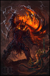 2boys angron armor axe battle black_border border butchers_nails_(warhammer_40k) cable chain_axe chaos_(warhammer) colored_skin david_haire demon demon_horns demon_primarch divine_being duel fire flaming_eyes flaming_sword flaming_weapon full_armor full_body gauntlets glowing glowing_eyes gorefather hair_tubes hell heresy highres holding holding_axe holding_weapon horns khorne lightning multiple_boys open_mouth pauldrons primarch red_skin shoulder_armor signature skull skull_ornament teeth warhammer_40k weapon wings