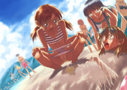 1boy 5girls 6+girls arimura_yuu barefoot beach bikini brown_hair buried cleft_of_venus cloud day dutch_angle feet glasses humiliation loli low_twintails multiple_girls ocean open_mouth original outdoors pee peeing pussy sand short_twintails sky squatting sunglasses swimsuit toes twintails uncensored what rating:Explicit score:164 user:danbooru