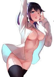  1girl absurdres arm_up black_hair black_thighhighs blue_eyes blush breasts collared_shirt commentary covered_erect_nipples dress_shirt english_commentary gradient_hair hand_up highres large_breasts looking_at_viewer medium_hair multicolored_hair naked_shirt navel no_bra no_panties nude one_eye_closed open_clothes open_mouth open_shirt original purple_hair shirt sidelocks simple_background solo thighhighs toru unbuttoned unbuttoned_shirt white_background white_shirt yawning 