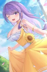  1girl absurdres arm_strap braid breasts choker cleavage cloud commentary dress earrings english_commentary falling_petals flower highres indie_virtual_youtuber inkeror jewelry large_breasts long_hair one_eye_closed open_mouth otsuka_ray petals purple_eyes purple_hair skirt_hold sky solo sunflower teeth upper_teeth_only virtual_youtuber yellow_choker yellow_dress 