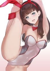  1girl :d absurdres armpits arms_up bare_legs blue_eyes bow bowtie breasts brown_hair cleavage detached_collar ev_(dai00888) grey_leotard hairband highres isonokami_tao leotard long_hair looking_at_viewer medium_breasts megami_tensei open_mouth playboy_bunny red_bow red_bowtie shin_megami_tensei shin_megami_tensei_v smile split standing standing_on_one_leg standing_split white_background wrist_cuffs  rating:Sensitive score:52 user:danbooru