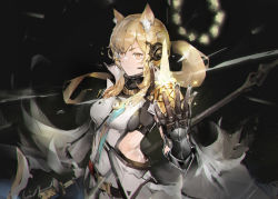  1girl absurdres animal_ear_fluff animal_ears arknights arm_guards black_background black_gloves blonde_hair breasts closed_mouth covered_navel cowboy_shot dress foreshortening gloves headset highres holding holding_weapon horse_ears implied_extra_ears jumbowhopper long_hair looking_at_viewer medium_breasts midriff nearl_(arknights) orange_eyes polearm ponytail simple_background solo spear v.v. weapon white_dress 