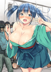 1girl areola_slip b-ginga blue_eyes blue_hair blush breasts camera cleavage collarbone commentary_request cosplay covered_erect_nipples crowd japanese_clothes kantai_collection large_breasts nipples off_shoulder open_mouth public_indecency round_teeth short_hair sketch smile solo_focus souryuu_(kancolle) souryuu_(kancolle)_(cosplay) tareme teeth twintails v rating:Questionable score:79 user:danbooru