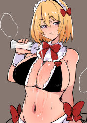  1girl bikini blonde_hair bow breasts closed_mouth grey_background highres higurashi_no_naku_koro_ni houjou_satoko large_breasts long28 lube lube_bottle maid maid_bikini navel pouring pouring_onto_self purple_eyes red_bow simple_background solo swimsuit unconventional_maid water wet  rating:Questionable score:53 user:2Dsuki