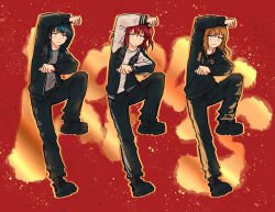 3girls bad_id bad_twitter_id black_footwear black_hoodie black_jacket black_pants blue_hair brown_hair bullfalk commentary dark_blue_hair english_commentary grey_shirt highres hood hood_down hood_up hooded_jacket hoodie jacket kunikida_hanamaru kurosawa_ruby leg_up light_frown light_particles long_hair long_sleeves looking_at_viewer love_live! love_live!_sunshine!! multiple_girls open_clothes open_jacket pants red_background red_hair sanpaku shirt shoes sidelocks smirk sneakers text_background translation_request tsushima_yoshiko two_side_up v-shaped_eyebrows white_shirt white_sleeves 