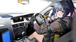 1girl absurdres animal_ears arknights blue_hair car car_interior cat_ears chinese_commentary commentary_request driving fingerless_gloves gloves green_eyes grey_jacket hamachi_hazuki highres hood hooded_jacket jacket jessica_(arknights) jessica_(ash)_(arknights) long_sleeves looking_at_viewer motor_vehicle nintendo official_alternate_costume open_mouth ponytail short_hair short_ponytail sitting solo splatoon_(series) thighs rating:Sensitive score:16 user:danbooru